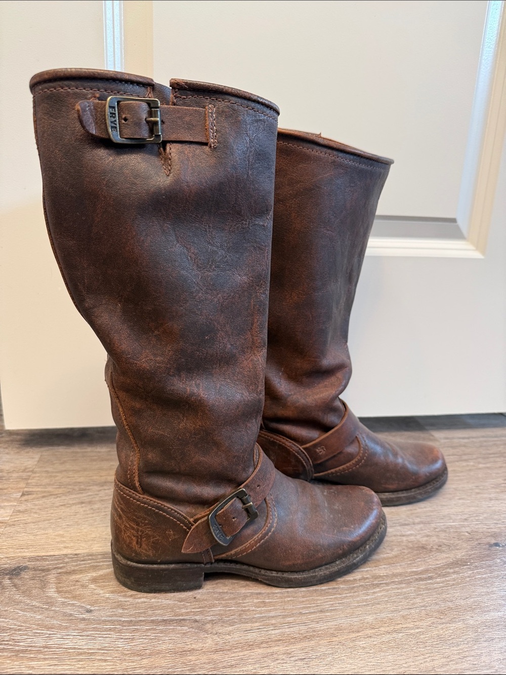 Frye Distressed Dark Brown Buckle Riding Boots - Picture 2 of 7